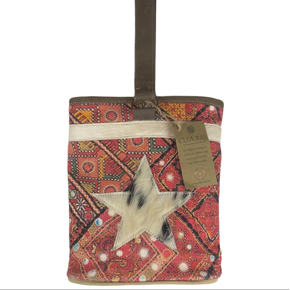 NEW Clea Ray Double Wine Leather Trim Patterned Fabric Bag With Star